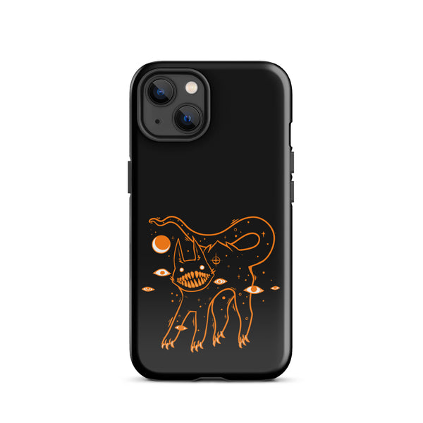 Tough iPhone® case featuring an original illustration of a black cat with big teeth and cosmic elements. Durable and stylish design.