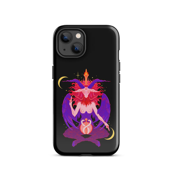 Baphomet tough case for iPhone® featuring original illustration with vibrant colors and moon motifs. Durable dual-layer design.