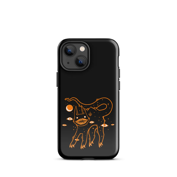 Tough iPhone® case featuring an original illustration of a black cat with big teeth and a cosmic design.