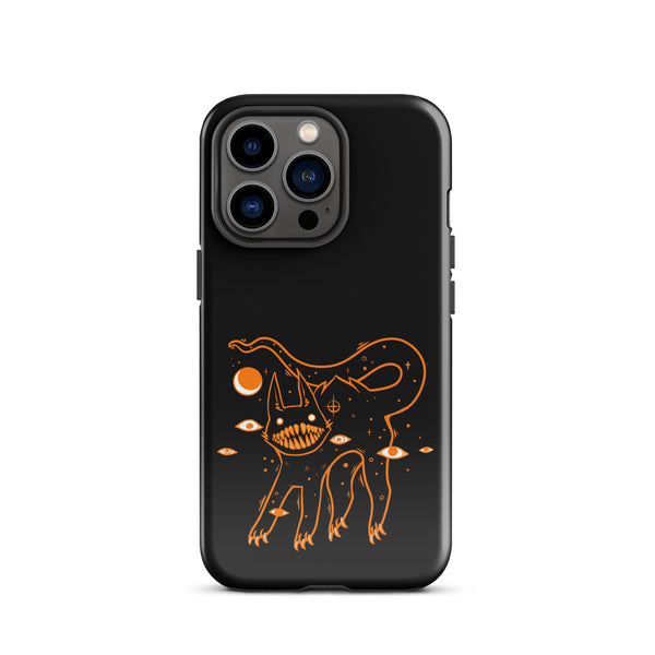 Tough iPhone case featuring a unique illustration of a big-toothed black cat with a cosmic design.