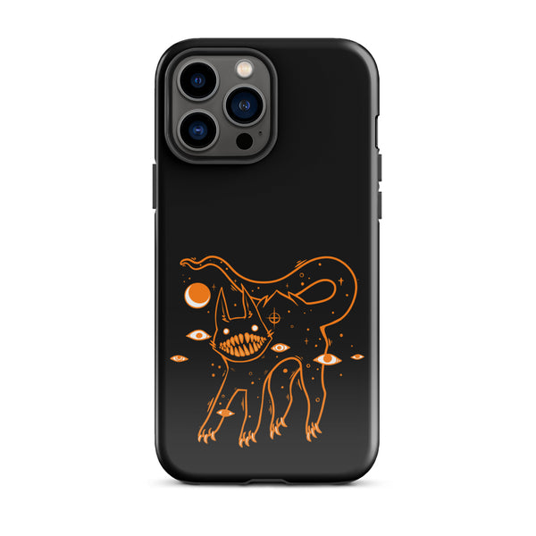 Tough iPhone case featuring an original illustration of a black cat with big teeth, designed for impact resistance.