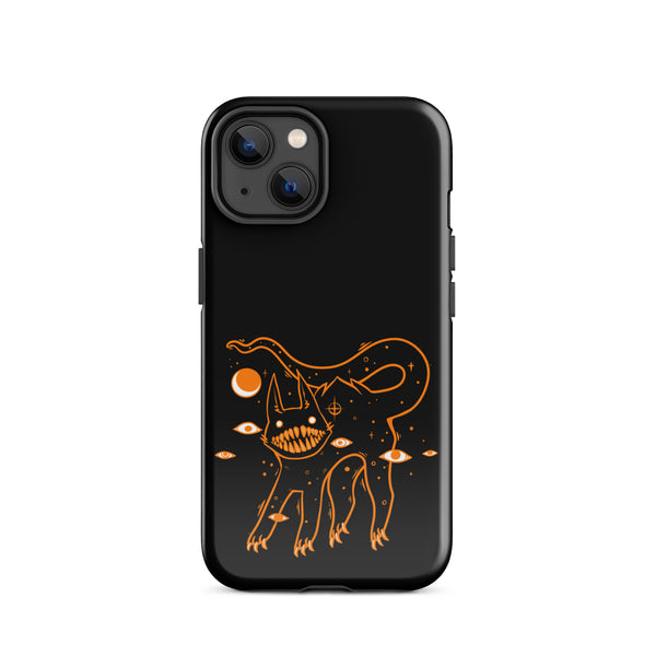 Tough iPhone® case featuring a black cat with big teeth and unique illustration, designed for impact resistance.