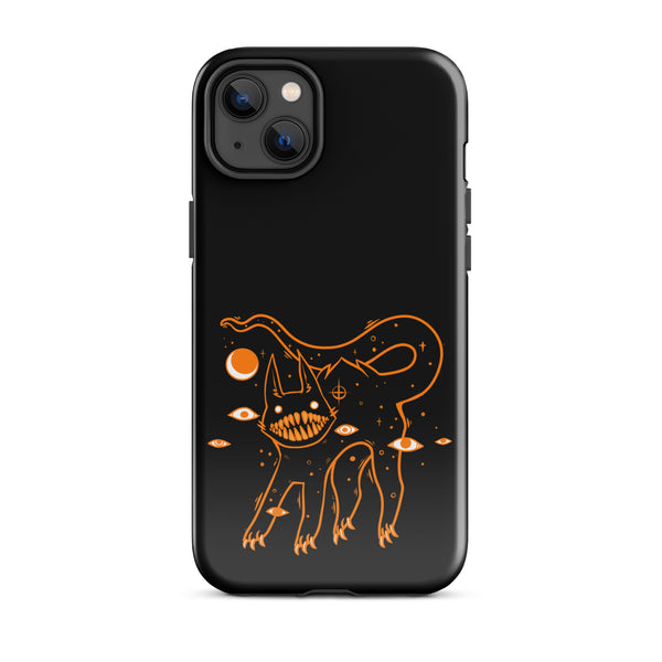 Tough iPhone® case featuring original illustration of a big-toothed black cat with cosmic details, durable polycarbonate design.