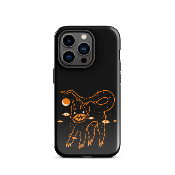 Tough iPhone® case featuring a big-toothed black cat illustration on a black background.