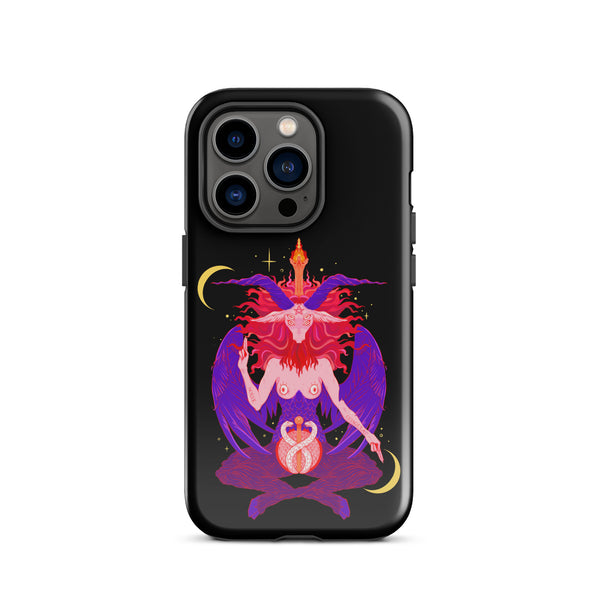 Baphomet illustration on a tough iPhone® case, featuring dual-layer protection and precise port openings.