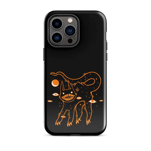 Tough iPhone® case featuring an original illustration of a black cat with big teeth and cosmic elements.