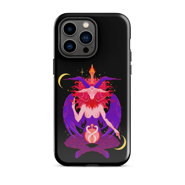 Baphomet phone case for iPhone® featuring original vibrant illustration with dual-layer protection and precise port openings.