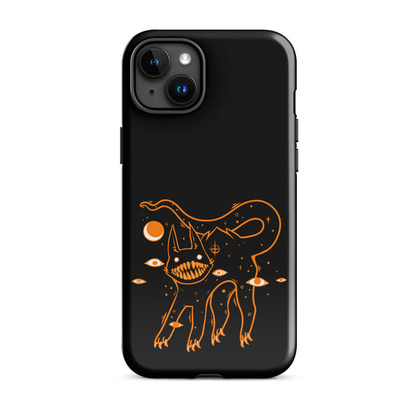 Tough iPhone case featuring an original illustration of a big-teeth black cat with celestial elements.