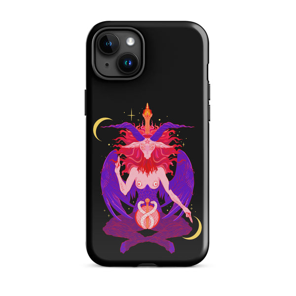 Baphomet illustration on a tough iPhone® case, featuring dual-layer protection and precise port openings.