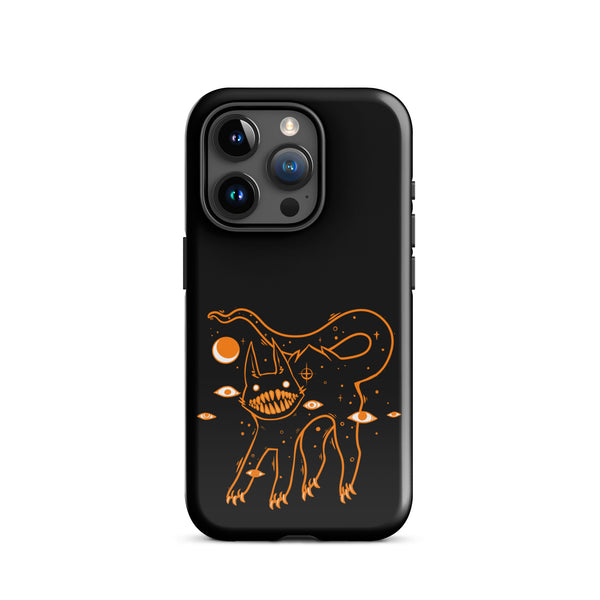 Tough iPhone® case featuring original illustration of a black cat with big teeth and celestial designs. Durable dual-layer protection.