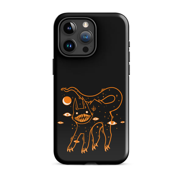 Original illustration of a big teeth black cat phone case, durable dual-layer design compatible with iPhone®.