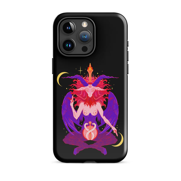 Tough iPhone case featuring original Baphomet illustration with vibrant colors and dual-layer protection.