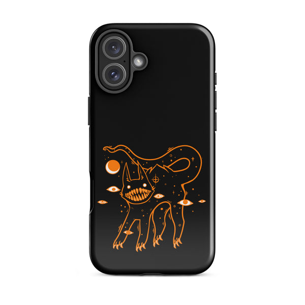 Tough iPhone case featuring a black cat with big teeth and celestial designs in orange on a black background.