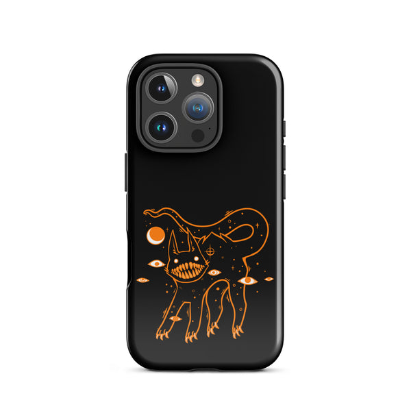 Big teeth black cat illustration on a tough iPhone® case, featuring a durable polycarbonate and TPU design.