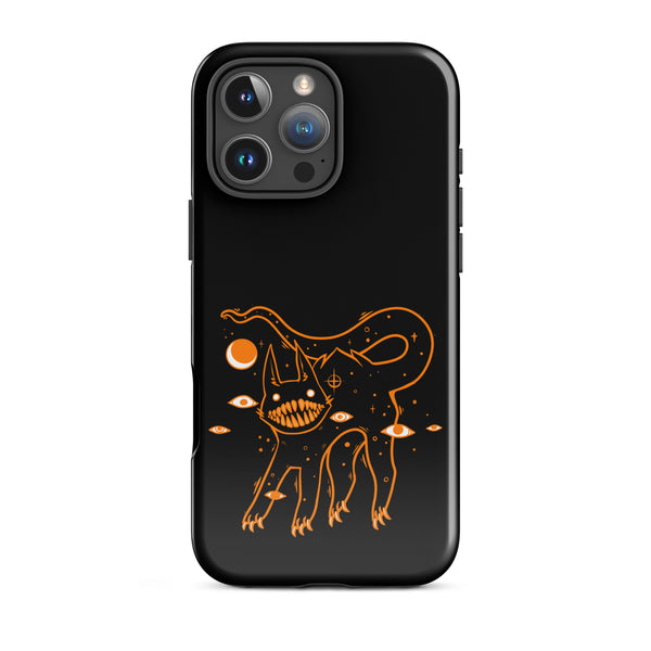 Tough iPhone case featuring original illustration of a black cat with big teeth and cosmic elements in orange on a black background.