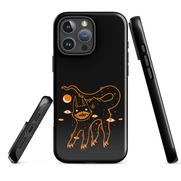 Tough iPhone® case featuring an original black cat illustration with big teeth and a celestial design in orange.