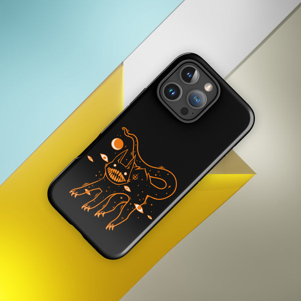 Black cat phone case design featuring big teeth, durable and impact-resistant for iPhone®.