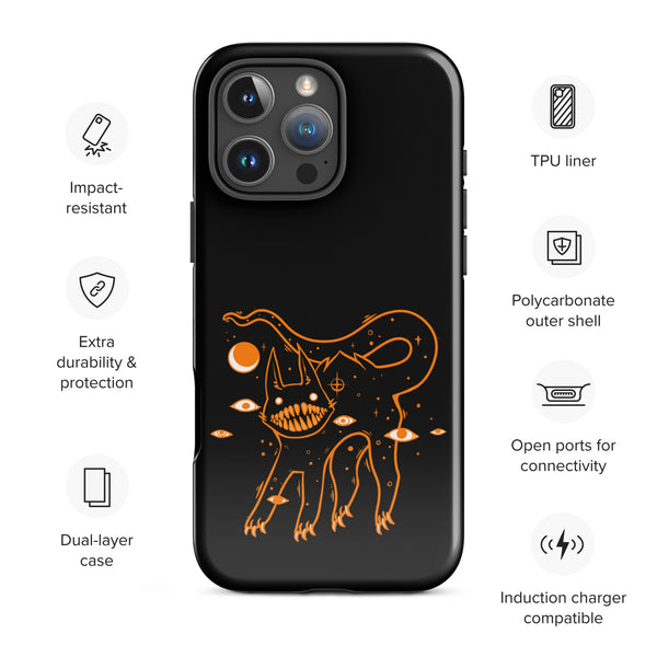 Tough iPhone® case featuring original illustration of a big teeth black cat, polycarbonate shell, and TPU liner for protection.