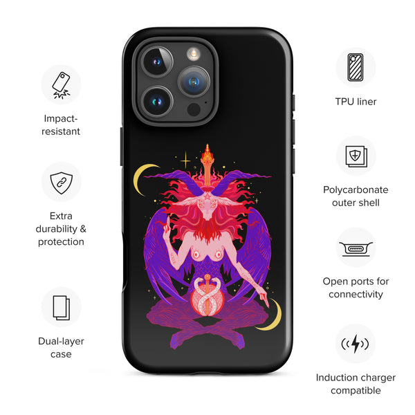 Baphomet iPhone® tough case with polycarbonate shell, TPU liner, and impact-resistant features for enhanced protection.