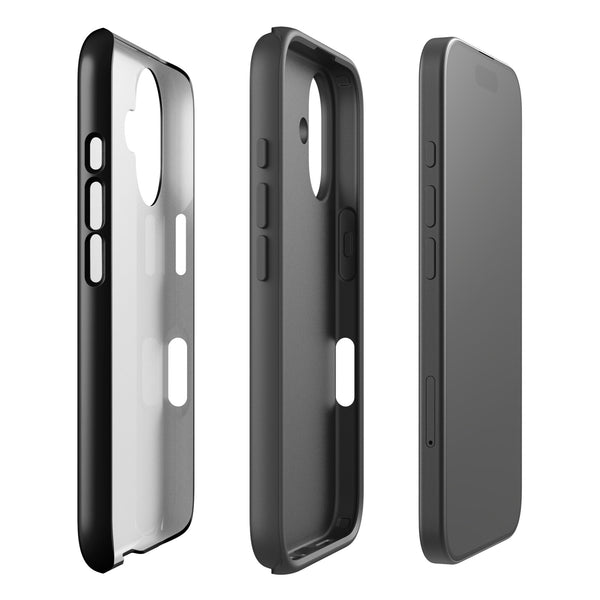 Tough dual-layer iPhone® case showcasing black and transparent design, highlighting polycarbonate and TPU materials.