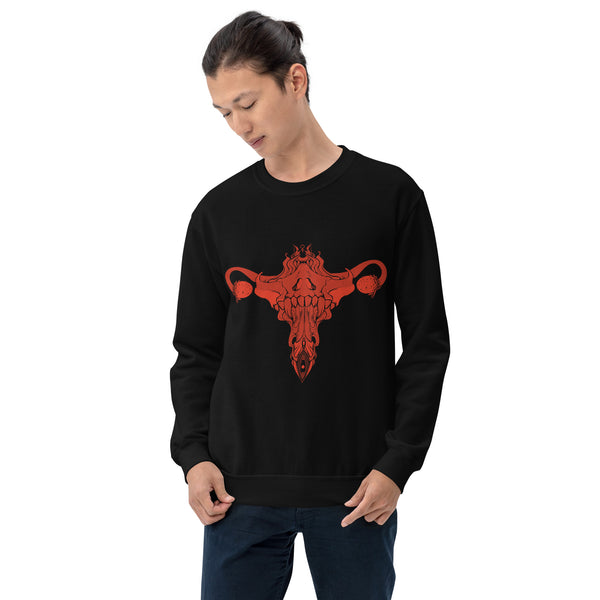 Death Metal Uterus unisex sweatshirt featuring original artwork in vibrant red on a black background.