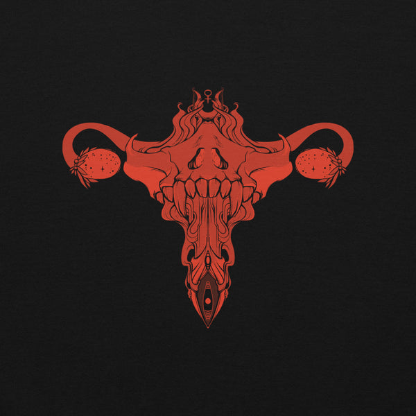 Artwork of a stylized uterus with death metal elements, featured on a black background for the Death Metal Uterus sweatshirt.