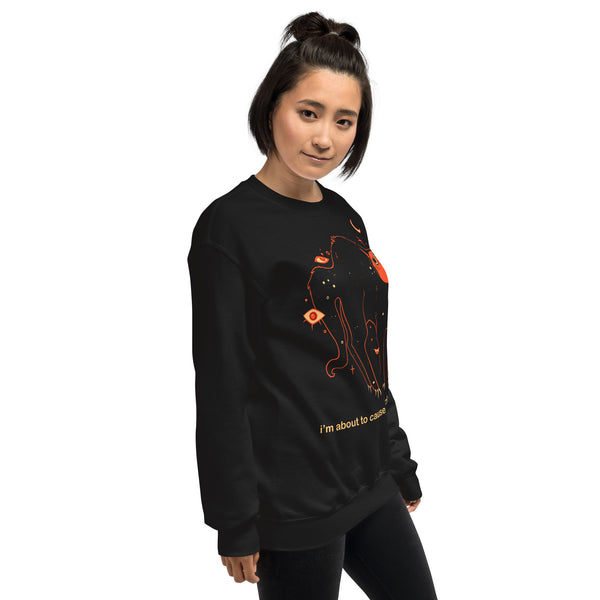 Unisex Orion Ruckus sweatshirt featuring original black cat artwork and meme text on a black background.