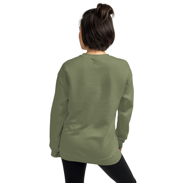 Unisex sweatshirt in olive green, back view with model wearing long sleeves, perfect for autumn and winter, made with soft air-jet spun yarn.