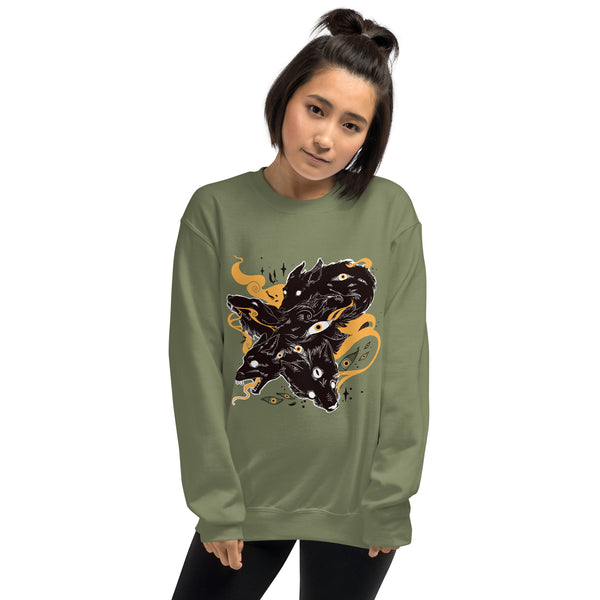 Unisex sweatshirt featuring a gothic anime-style wolves illustration with a multi-eye design, worn by a model. Warm, soft, and perfect for autumn.