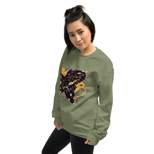 Woman wearing a green gothic anime wolves design unisex sweatshirt, perfect for autumn and winter.