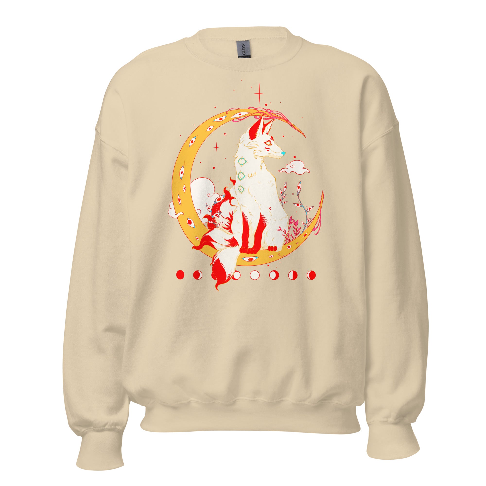 Unisex sweatshirt with original kitsune fox illustration inspired by Japanese mythology, printed on a warm, classic fit, pre-shrunk fabric