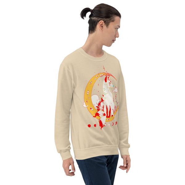 Person wearing a Kitsune Fox unisex sweatshirt with a Japanese mythology inspired fox illustration on a beige long-sleeve, classic fit sweater.