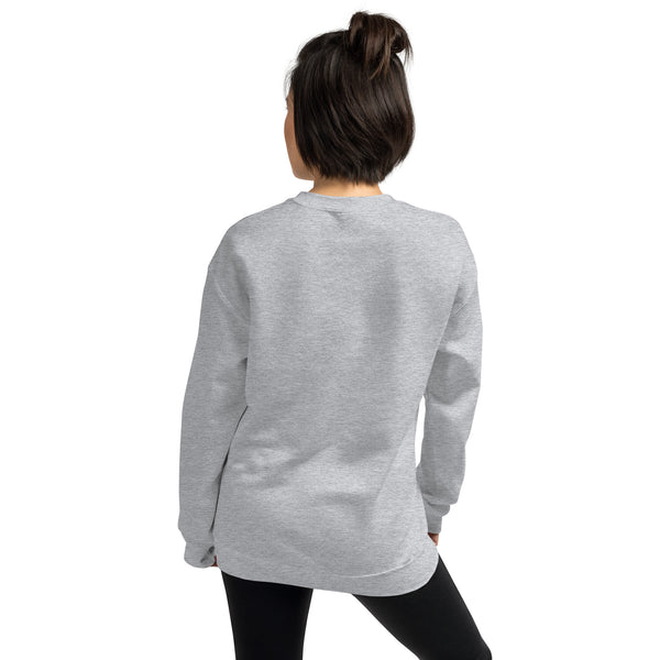 Back view of unisex Orion Ruckus sweatshirt featuring original art of Orion the black cat on a soft grey fabric.