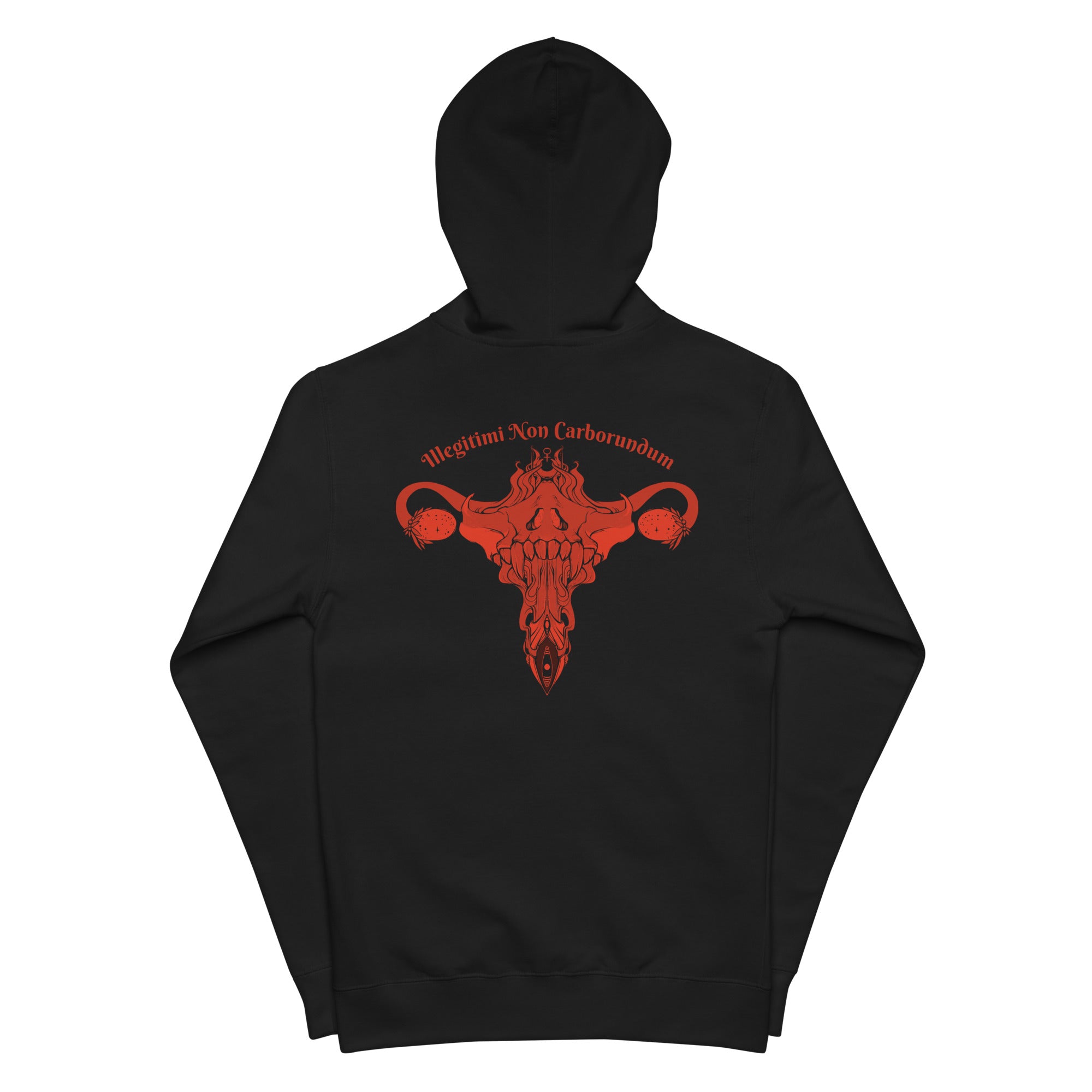 Unisex fleece zip-up hoodie featuring Death Metal Uterus design and Illegitimi Non Carborundum phrase on black fabric.