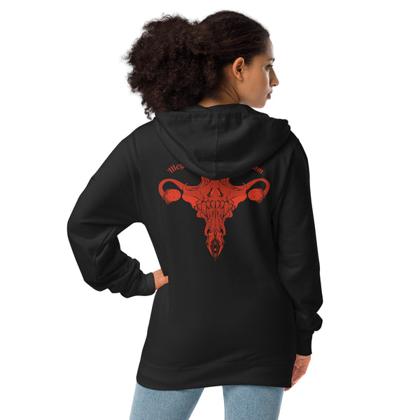 Back view of unisex black fleece zip-up hoodie with red Death Metal Uterus graphic design.