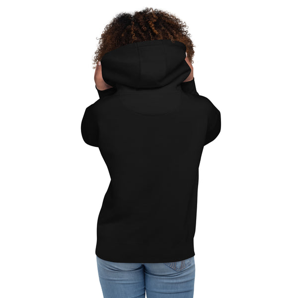 Unisex hoodie in black, 100% cotton face, blend fabric, back view, worn by model, made-to-order for eco-friendly production.