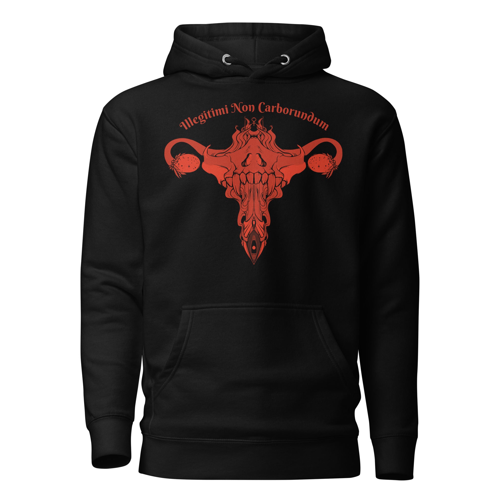 Unisex black hoodie with original illustration of uterus and ovaries, featuring 'Illegitimi Non Carborundum' text.