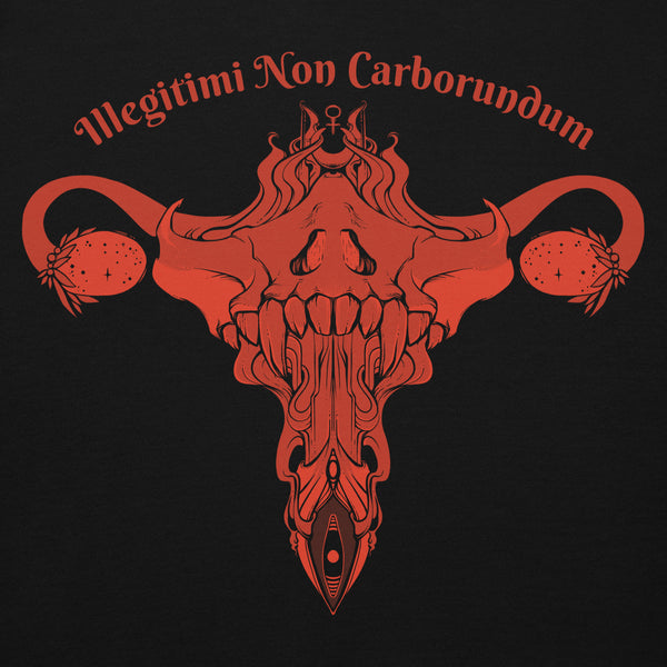 Illustration featuring a uterus and ovaries with the phrase 'Illegitimi Non Carborundum' in bold red on a black hoodie.