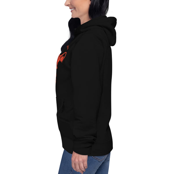 Side view of Illegitimi Non Carborundum unisex hoodie featuring original uterus and ovaries illustration.