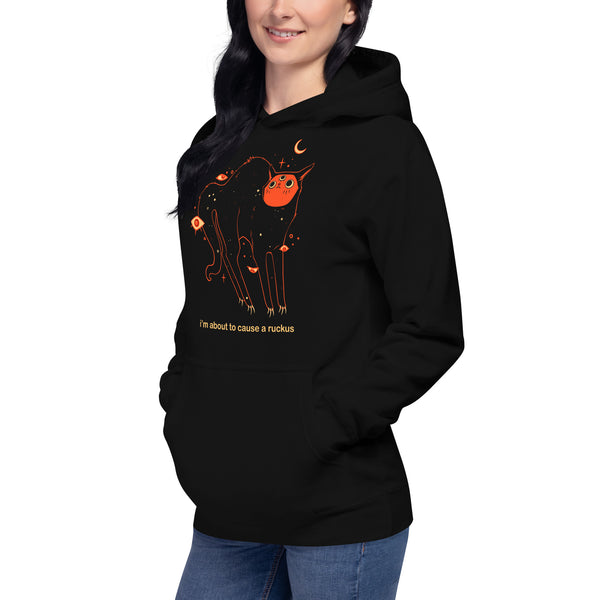 Orion Ruckus unisex hoodie featuring original black cat artwork and meme text, perfect for cat lovers.