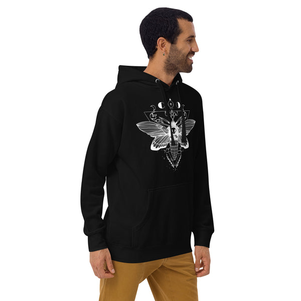 Unisex hoodie with witchy moth illustration, black pullover, 100% cotton face, featuring front pouch pocket and flat drawstrings.