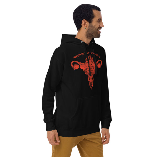 Unisex black hoodie featuring a red uterus illustration with the phrase 'Illegitimi Non Carborundum'.