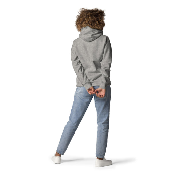 Back view of a gray hoodie modeled by a person, showcasing the relaxed fit and hood, ideal for casual everyday style.