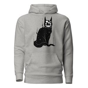 Gray hoodie featuring a black cat illustration with a glowing grin, multiple eyes, and starry details, perfect for fans of mystical and occult-inspired fashion.