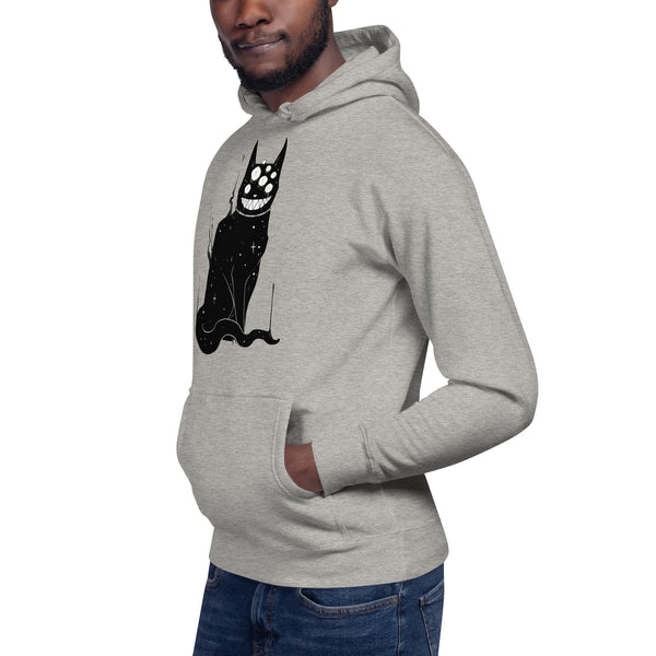 Gray hoodie featuring a black cat design with glowing eyes and a sinister grin, modeled by a person in a casual pose, ideal for fans of gothic and mystical apparel.