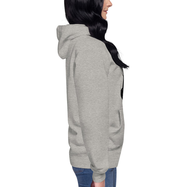 Side view of a gray hoodie modeled by a person, highlighting the fit and hood design, suitable for casual and cozy wear.