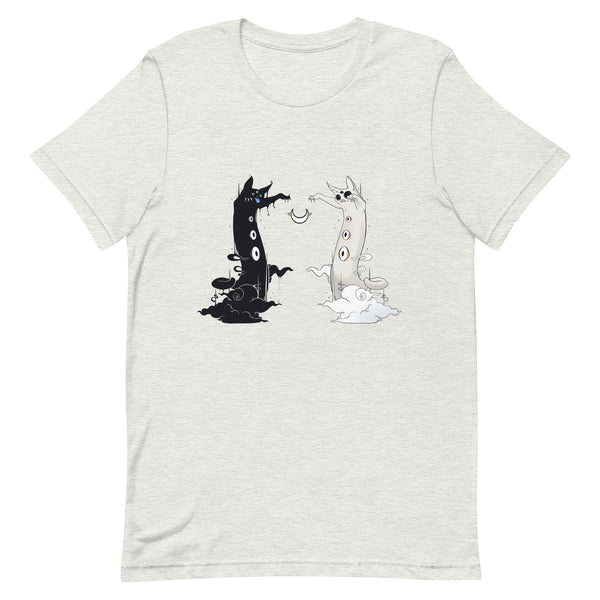 Unisex t-shirt featuring dark and light cats design, soft and lightweight fabric with stretch, comfortable and flattering for all.