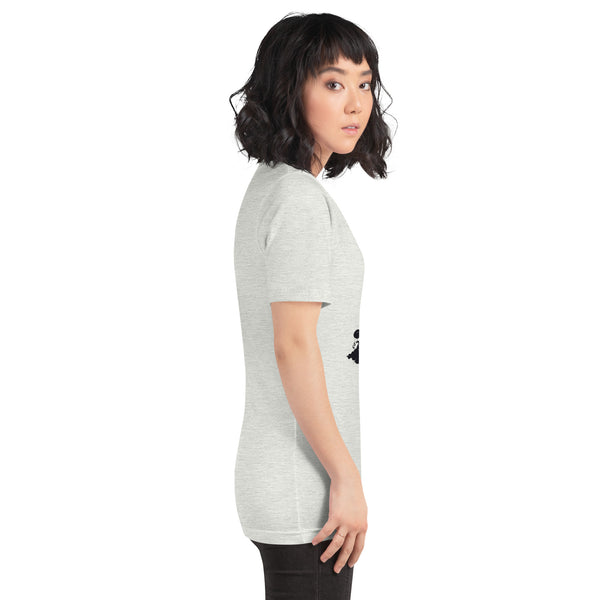 Woman wearing Dark and Light Cats unisex t-shirt, side view