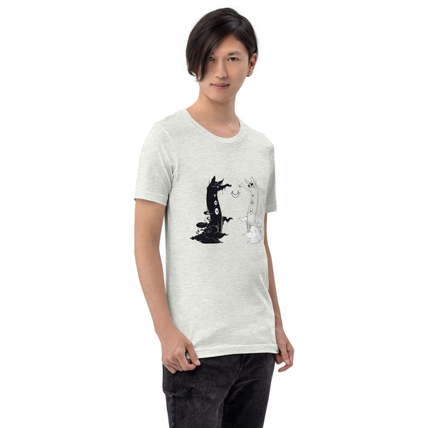 Unisex t-shirt with dark and light cats design, soft and lightweight fabric, worn by a model