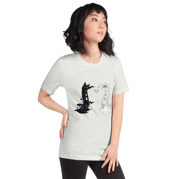 Woman wearing unisex t-shirt with dark and light cat design, soft, lightweight, comfortable fit